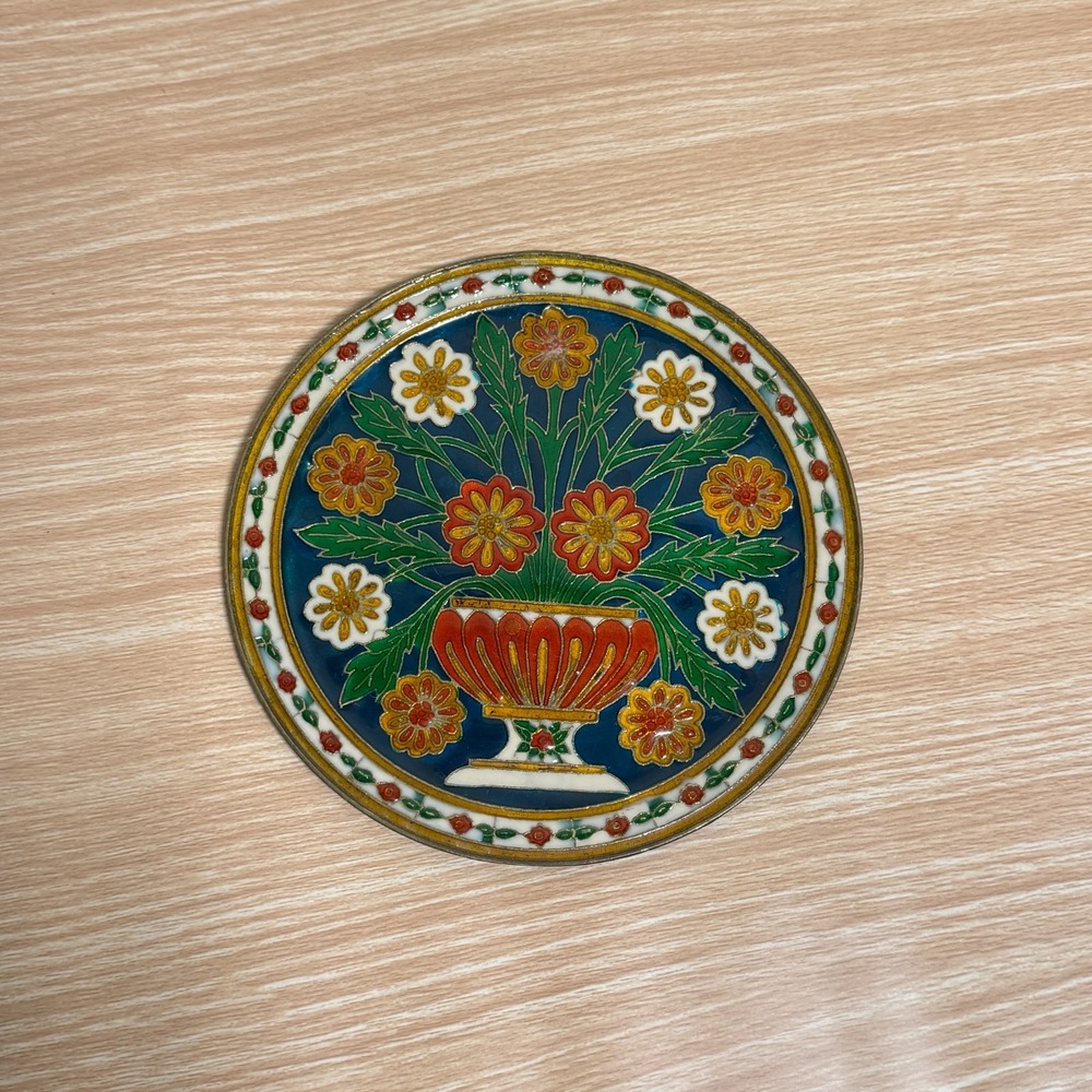 Vintage Small Metal Cloisonné Enameled Hand Painted Decorative Brass Wall Plate